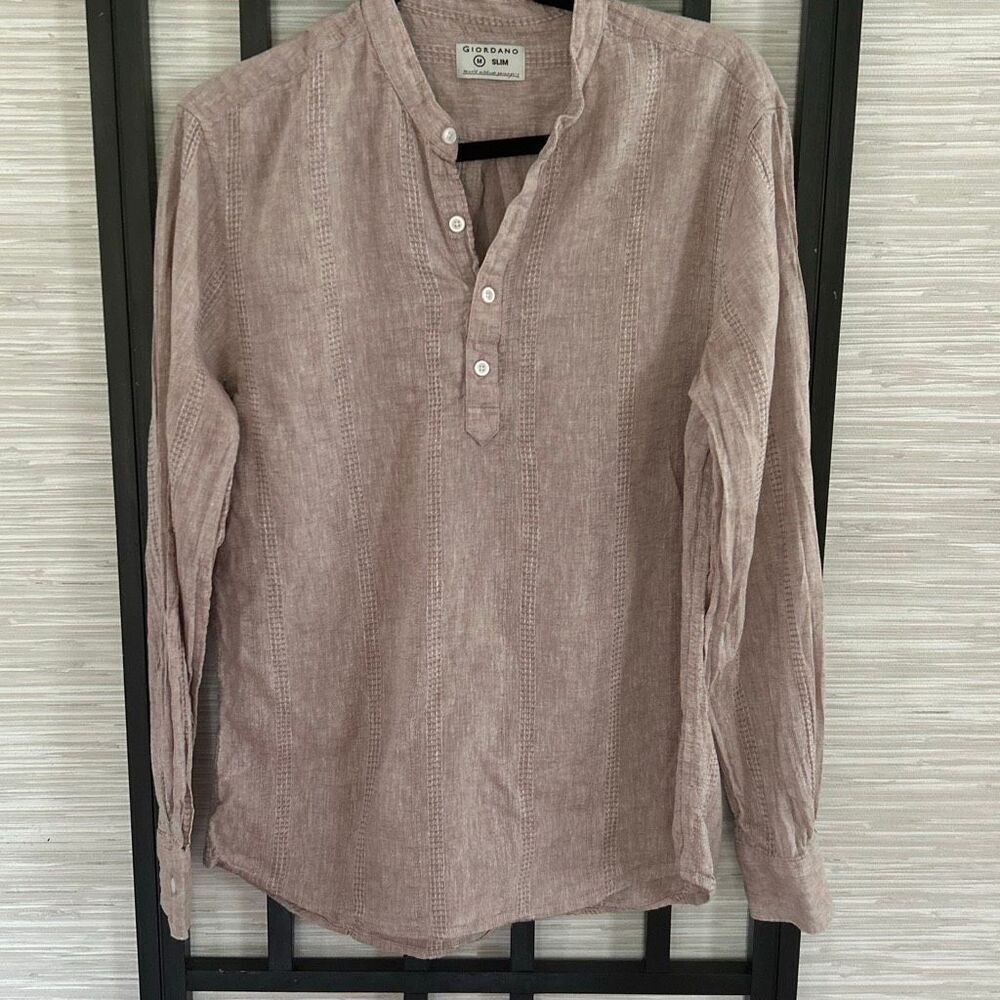 Giordano men's slim fit move linen blend half button down shirt long sleeve size